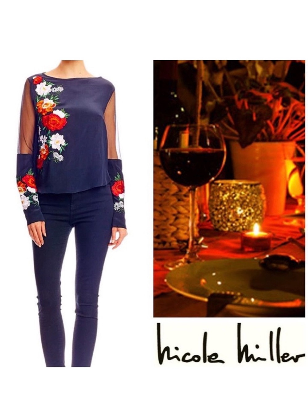 Nicole Miller Black Silk Blouse with Red & White Floral Embroidery Medium